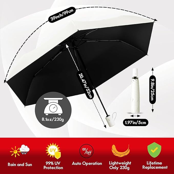 Windproof Compact Travel Umbrella,Large Strong but Light Portable and Automatic Folding Rain Umbrella, small inverted for travel size