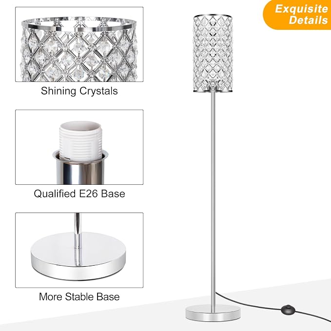 Crystal Floor Lamp, Silver Tall Pole Lamp with On/Off Foot Switch | Modern Standing Lamp with Elegant Shade, Decorative Accent Lights for Living room Girl Bedroom Dresser Office, E26 Base