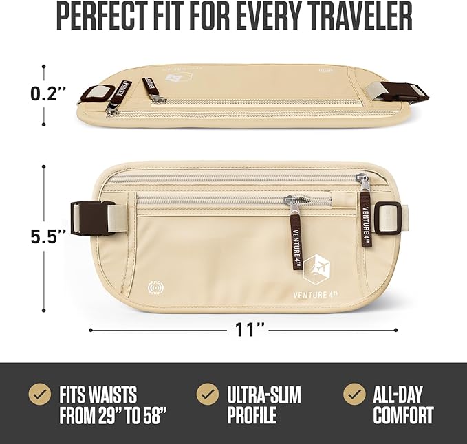 VENTURE 4TH Money Belt for Travel – Hidden Under-Clothes RFID Blocking Passport Holder & Slim Travel Wallet Pouch for Men & Women to Protect Cash, Cards & Documents (Beige)