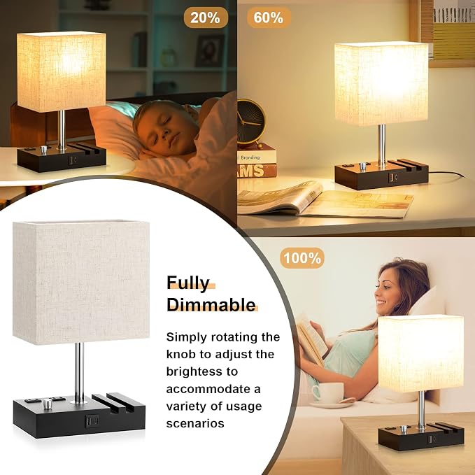 Beige Bedside Table Lamps Set of 2 - Dimmable, USB C+A, 2 AC Outlets | Dimming By Rotary Knob, USB C+A Ports, 2 Phone Stands, LED Bulbs Included, Rectangle Beige Lampshade, for Living Room, Desk