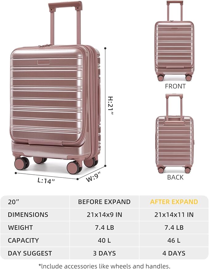 LARVENDER Carry On Luggage 22x14x9 Airline Approved, 20 Inch Expandable PC+ABS Hardside Carry On Luggage with Front Pocket Spinner Wheels TSA Lock for Women Men (Rose Gold)