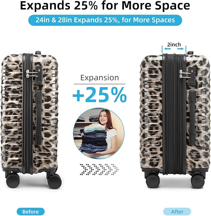 LARVENDER Luggage 6 Piece Expandable Luggage Hardshell PC+ABS Leopard Suitcase with Spinner Wheels TSA Lock, Lightweight Rolling Suitcase for Women, Cheetah Print