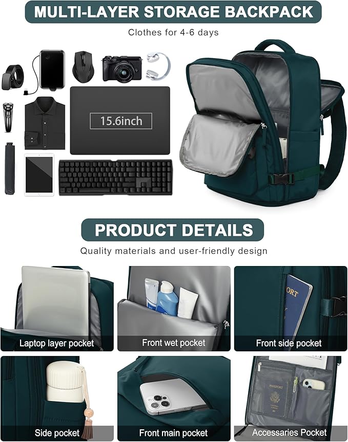 VGCUB Large Travel Backpack Bag for Women Men,Carry on Backpack,17 Inch Laptop Business Work Waterproof Backpack with Laptop Compartment,Person Item Flight Approved,Mochila de Viaje,Peacock Blue
