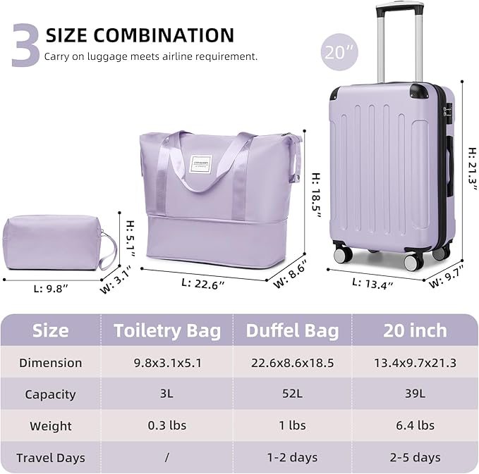 LARVENDER Luggage Sets 3 Piece, Expandable Carry on Luggage 22x14x9 Airline Approved Hardshell Suitcase with Spinner Wheels TSA Lock, Lightweight Rolling Suitcase for Men and Women, Purple Lavender