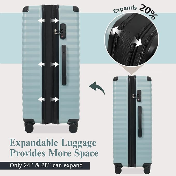 Merax Luggage Sets 3 Piece Front Opening, Hardside Lightweight Carry on Suitcase with Cup Holder USB Port,Durable Expandable Luggage with Bags Spinner Wheels and TSA Lock,Light Blue