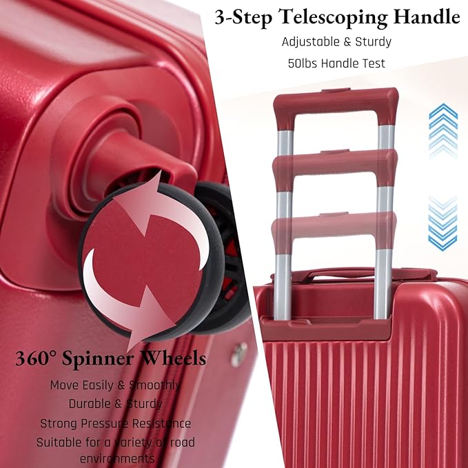 2 Pcs ABS Spinner Luggage Set - 14" Cosmetic Case & 20" Carry-On with Combination Lock, Front Opening Design, Red