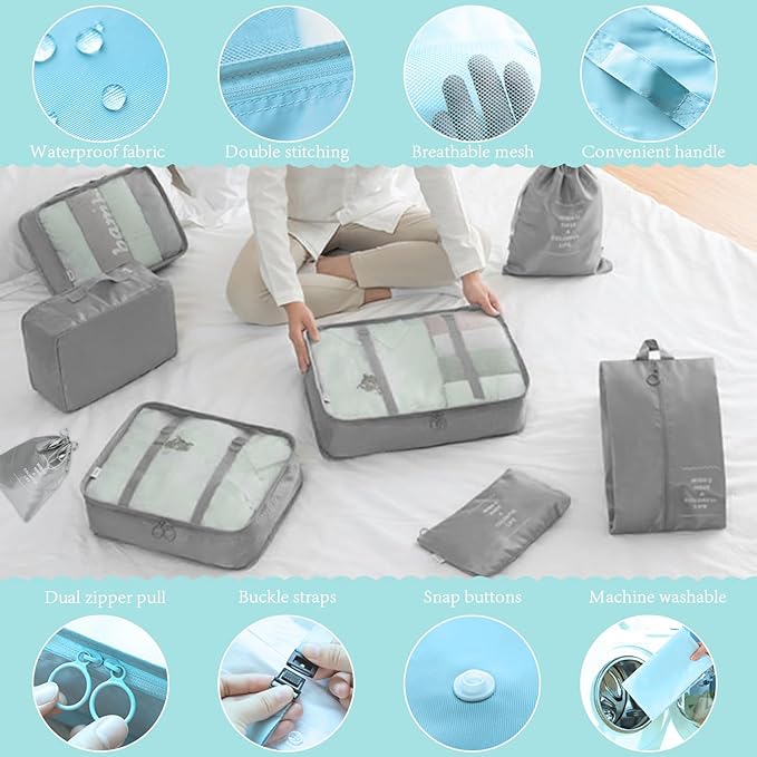 8 Pieces Mesh Packing Cubes for Travel, Luggage Packing Organizers Bags Set, Travel Essentials Suitcases Accessories with Laundry Bag, Storage Shoe Bag, Clothing Underwear Bag (Gray, 8 set)