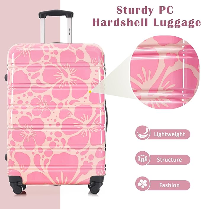 Merax Suitcase Set, Hardshell Luggage Sets 3 Piece with Spinner Wheels, Durable Printing Suitcase with TSA Lock Lightweight 20" 24" 28",Pink