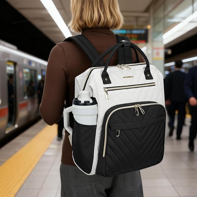 VANKEAN 17 Inch Laptop Backpack for Women Men Fashion Computer Work Bag, Large Capacity Waterproof Backpack with USB Port & RFID Pockets, College Daypack Business Travel, Beige-Black