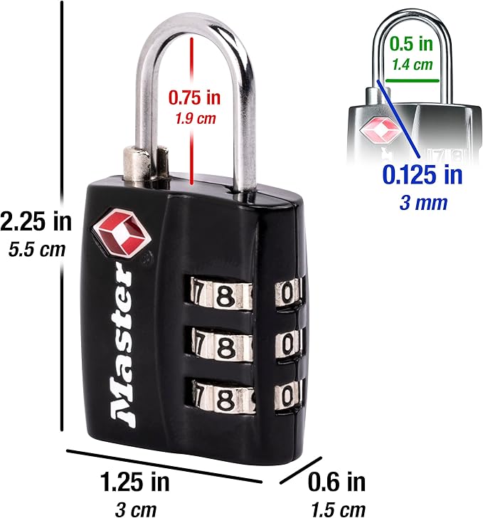 Master Lock Black TSA-Approved Luggage Lock with Wide Lock Body and Thin, Durable Steel Shackle, Zipper Lock for Backpacks, Luggage, 4680DBLK