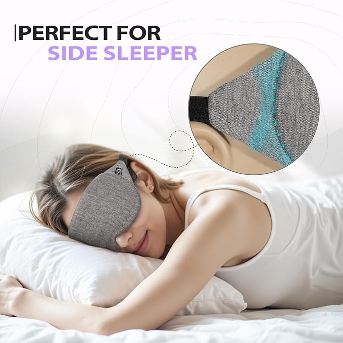 Cool-Touch Cotton Eye Sleep Mask for Men & Women, Soft & Breathable, Pressure-Free Design for Side Sleepers, Adjustable Light Blocking Mask for Sleeping, Travel & Naps (Gray)