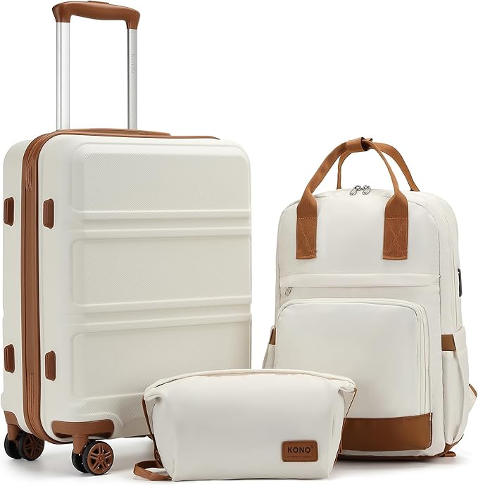 Kono Luggage Set 3 Piece Carry On Hardside Luggage with TSA Lock Spinner Wheels Lightweight PC+ABS Carry On Suitcase Cream White