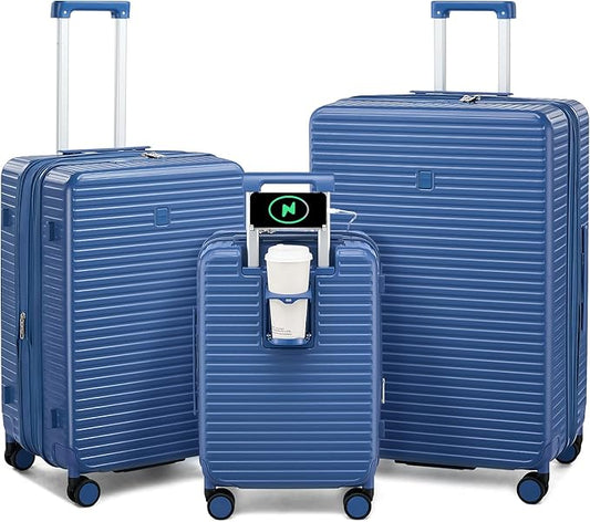 HanTrip Hard Shell Suitcases Expandable Travel Luggage Sets 3 Piece, Carry on and Check in 3 Piece Luggage Suitcase Sets with Spinner Wheels Cup Holder Charger Built in (Interstellar Blue, 20/24/28)