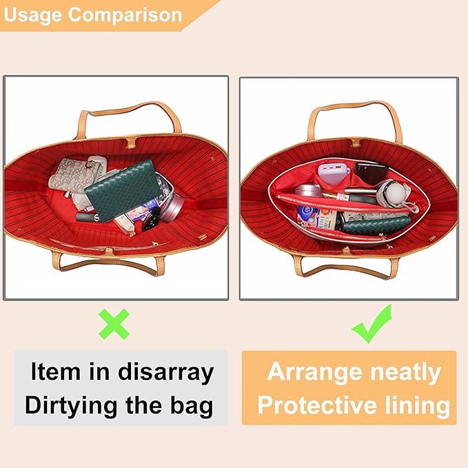 Doxo Purse Organizer Insert,Tote Bag Insert for LV Neverfull MM,Longchamp Le-pliage L and More,Ultra Lightweight Bag Organizer Insert with Zipper(Large,White-red)