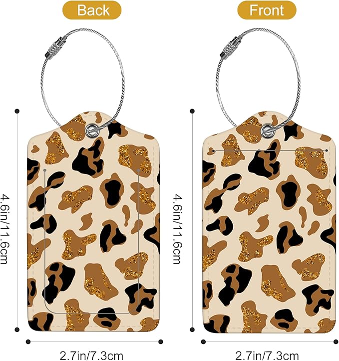 2Pack Luggage Tags for Suitcases, Cute Unique Pu Leather Cruise Luggage Tag with Privacy Cover ID Label Address Card and Metal Ring Suitable for Women Men Kids Travel Bag Brown Leopard Print