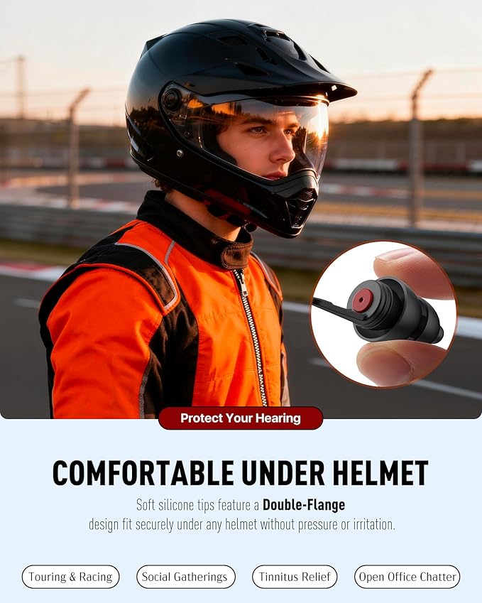 Motorcycle Ear Plugs 2Pairs, Wind Noise Reduction Audible Filter Moto Hearing Protection, 100X Reusable Comfy Earplugs for Riding, Motorbike, Motorsports, Touring, Racing, Commuting, Shooting