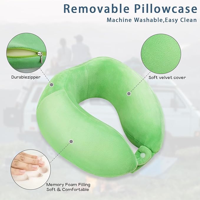 Travel Neck Pillow for Sleeping Soft Memory Foam Pillows Lightweight Breathable Airplane Pillow Support Head and Chin Perfect for Camping Train Car Office Rest Green