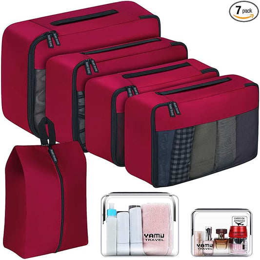 YAMIU Packing Cubes for Suitcases, 7 Pcs luggage organizer bags with Shoe Bag, 2 Waterproof Travel Toiletry Bags, Travel Cubes for Travel Essentials Travel Accessories