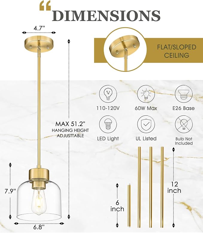 2-Pack Pendant Lights Kitchen Island, 7" Brushed Gold Hanging Lights Fixtures with Clear Glass Shade, Modern Brass Kitchen Pendant Lighting Over Island for Dining Room, AD-24024-1P2-GD