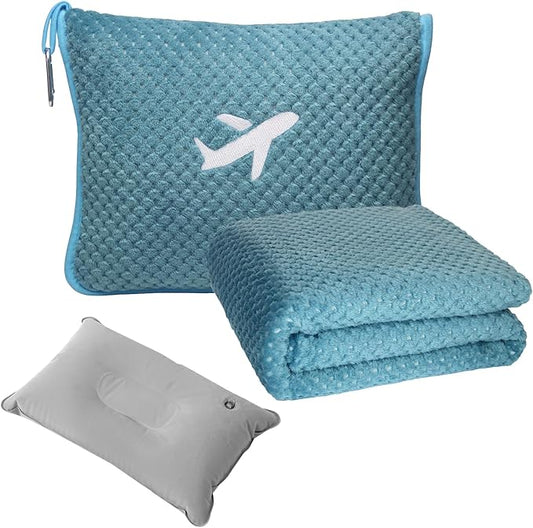 Travel Blanket Airplane Compact with Bag, Travel Essentials 3 in 1 Packable Airplane Blanket, Travel Pillow and Blanket Set, Inflatable Pillow, Luggage Sleeve & Backpack Clip (Slate Blue)