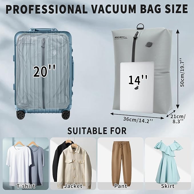 Reusable Vacuum Bags for Travel With Pump,Professional Waterproof IPX8 Vacuum Compression Bag for Suitcases Backpack,Space Saver Bags Packing Organizers for Clothing Packing(2 Pack,Gray)