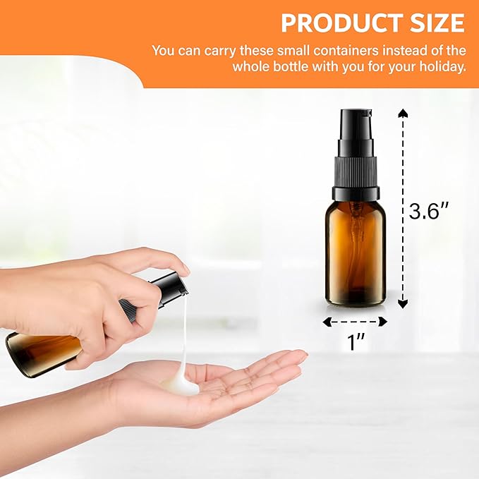 6 Pack, 3 30ml (1oz) & 3 15ml (0.5oz) Empty Refillable Glass Amber Pump Bottle Ideal for Lotion Cream Essential Oil Travel Small Container, Convenience Pack
