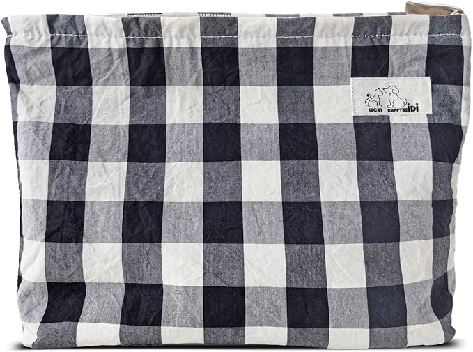 HAPPYHEIDI Large Cotton Black White Checker Makeup Bag with Compartment Cosmetic Toiletry Travel Pouch,Purse Accessory Organizer,Canvas Lined