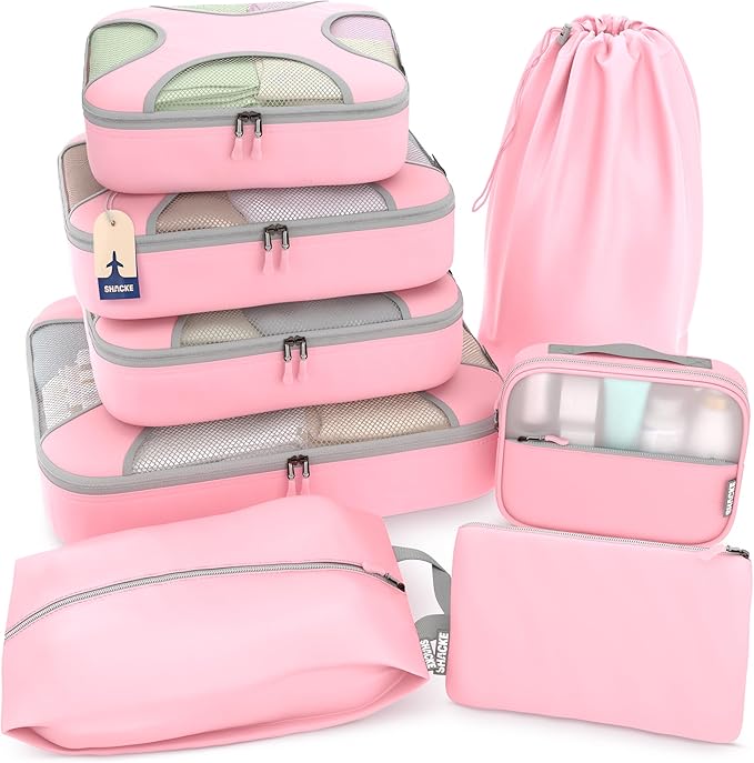 Shacke Packing Cubes for Travel 8 Set - Compression Luggage Organizer Bags - Versatile Travel Organizer for Women and Men - Optimized Packing Bags - Travel Essentials (Summer Pink)