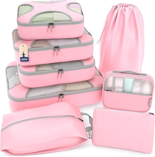 Shacke Packing Cubes for Travel 8 Set - Compression Luggage Organizer Bags - Versatile Travel Organizer for Women and Men - Optimized Packing Bags - Travel Essentials (Summer Pink)