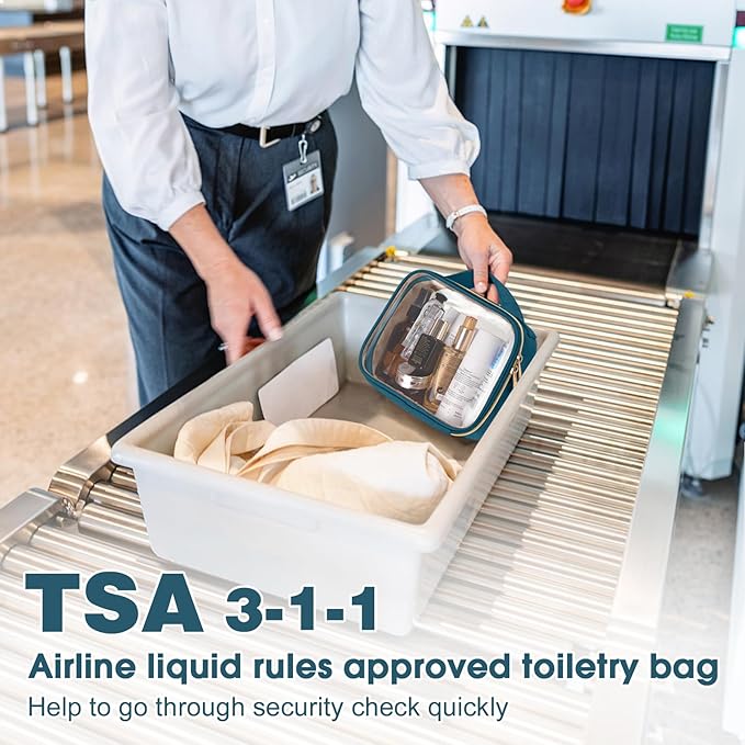 Wedama TSA Approved Toiletry Bag, 3 Pack Clear Makeup Bags with Handles, Quart Size Toiletry Bags, PVC Clear Cosmetic Bags for Women and Men, Carry on Airport Airline (Til Blue, Medium)