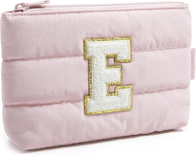 BAGSMART Personalized Makeup Bag with Initial, Pink Small Cosmetic Travel Organizer, Water-Resistant Pouch for Women & Teens for Bridesmaid Graduation (Initial-E, Small)