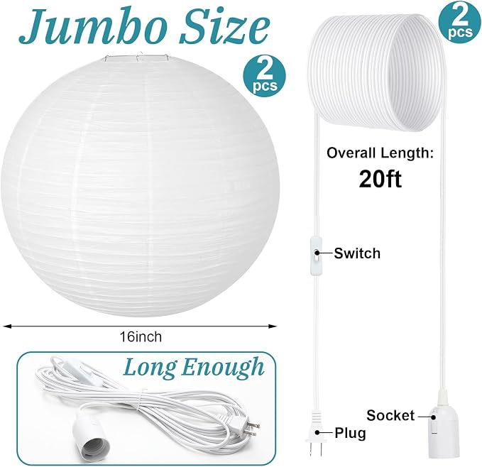 Rossesay 2 Sets Jumbo Paper Lanterns with Lamp Cord Cable White Hanging Paper Lanterns Chinese Japanese Pendant Hanging Lamp for Birthday Wedding Bridal Anniversary Party Decoration (Round,16 Inch)