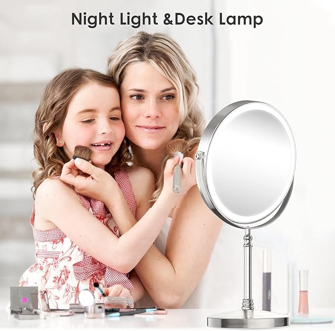 DEIOVWXS Makeup Mirror, 3000mAh Rechargeable Double-Sided Magnifying Vanity Mirror with 3 Colors, 1X/10X, 360° Rotation, Adjustable Brightness, Gifts for Mom, Women,Wife, Girls, Dorm Room Essential