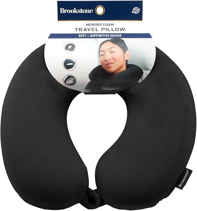Brookstone Travel Neck Pillow - Lightweight Fleece Casing U-Shaped Stuffable Memory Foam Travel Pillow for Sleeping and Neck Support, Black