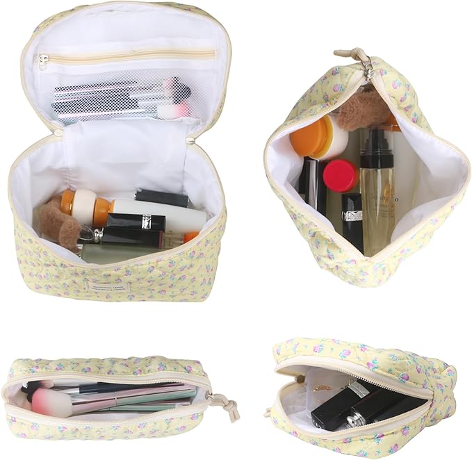 Cute Makeup Bag for Women(2 Pcs), Travel Cosmetic Bags, Quilted Coquette Aesthetic Floral Toiletry Organizer Bag (44 - Purple Rose/4PCS)