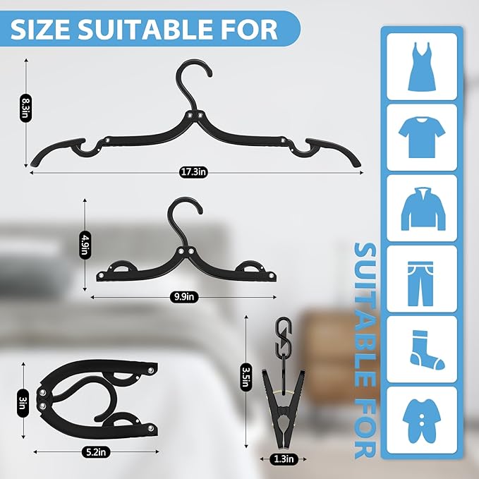 12Pcs Portable Travel Hangers for Cruise Ship Essentials 2026 with 24 Clips, Plastic Folding Foldable Hangers Clothes Drying Rack Travel Accessories for Suitcase, RV, Camping, Road Trip (Black)
