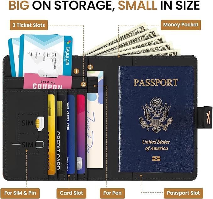 Passport Holder for Travel Essentials, RFID Blocking Leather Cover Wallet with Magnetic Closure, Aesthetic & Cute Passport Book Case for Women and Men - Starry Garden