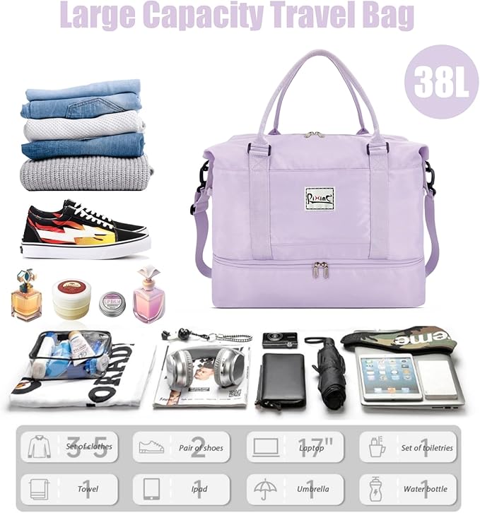 Travel Duffle Bag Weekender Bags for Women with Shoes Compartment, Travel Duffel Tote Carry on Overnight Bag for Travel Business Trips, Sport Yoga Gym Bag with Wet Pocket (Purple)