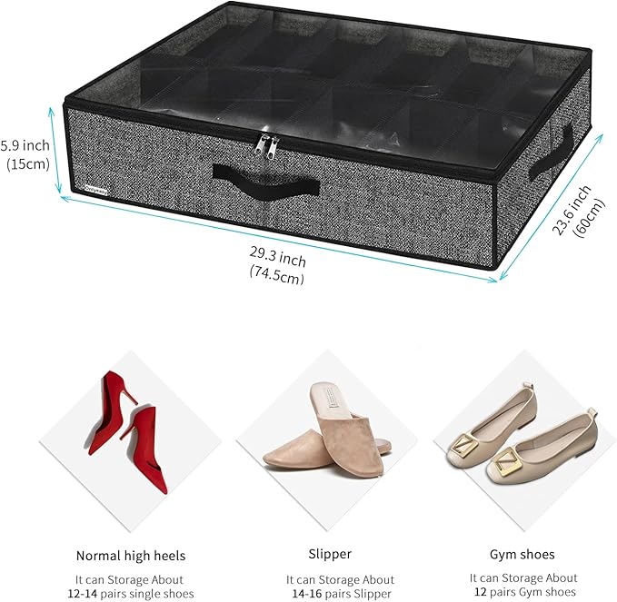 Onlyeasy Under Bed Shoe Storage Organizer For Closet, 4 Pack Fit 12x4 Pairs, Underbed Solution Shoes Container Bags with Sturdy Sidewall & Reinforced Handles, Breathable, Linen-like Black, MXAUBSB4P