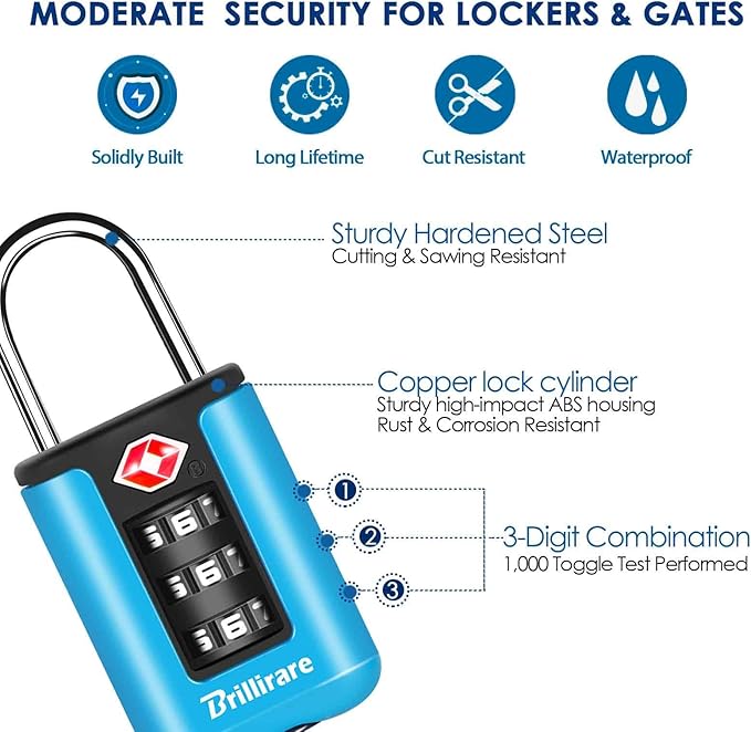 2 Pack TSA Approved Luggage Locks, Combination Travel Padlock, 3-Digit Waterproof Lock, TSA Accepted Outdoor Keyless Resettable Lock for Lockers, Bags, Backpack, Gym, Gate-Blue