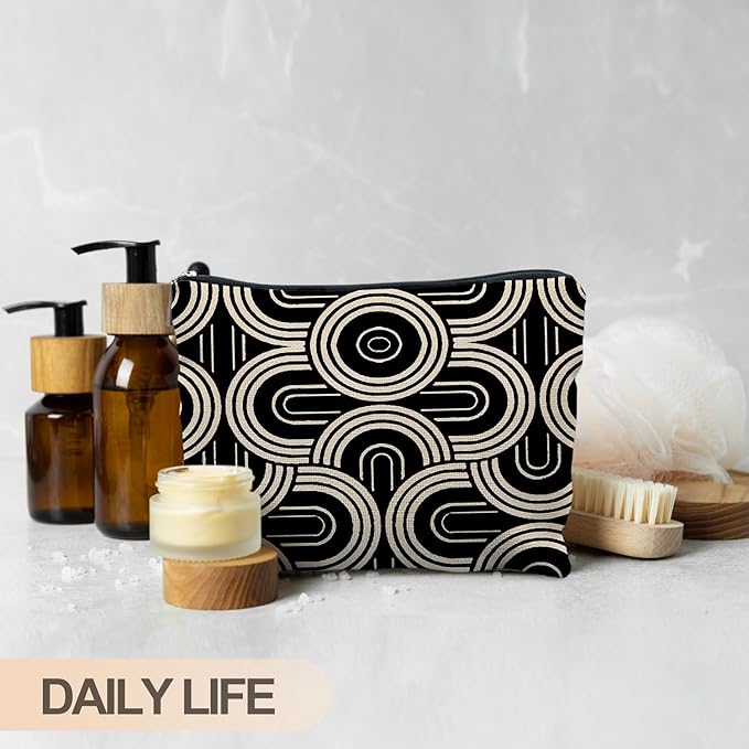 Abstract Beige and Black Makeup Bag, Modern Minimalist Art Deco Cosmetic Bags for Women, Mid Century Modern Zipper Makeup Pouch
