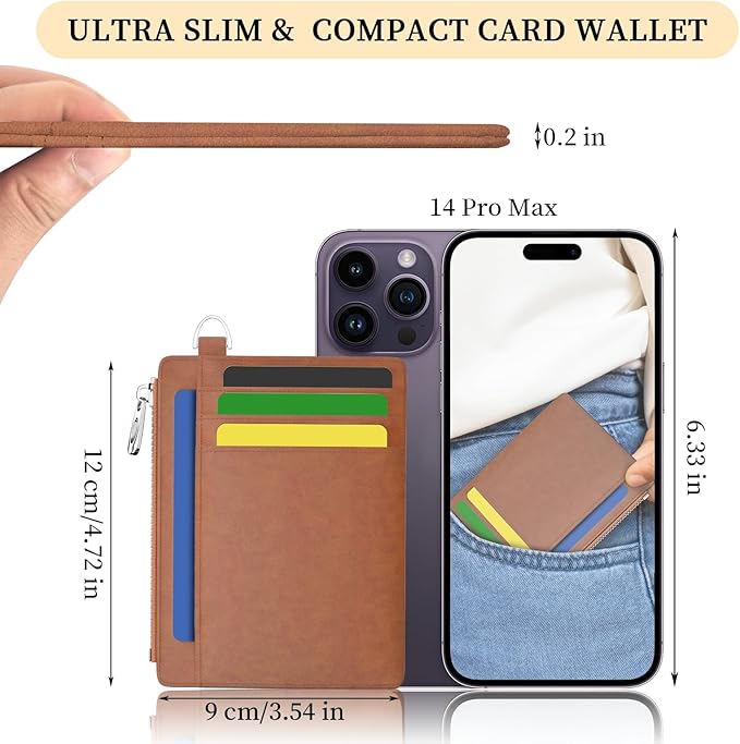 Hancynir Slim Wallet Women Credit Card Holder Minimalist Brown Vintage RFID Small Mini Card Case Front Pocket PU Leather Thin Travel Zipper Coin Cash ID Window Girls Wallet Gifts