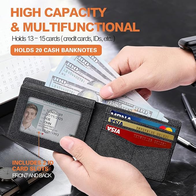 Wallet for Men Slim RFID Blocking Bifold,Minimalist Wallet Small Compact Front Pocket Credit Card Holder,Thin Mens Leather Wallets Smart Security With 2 ID Windows 1 Cash,Birthday Gifts for Men