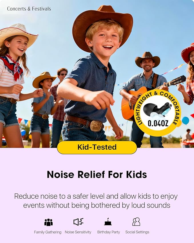 Kids Ear Plugs (6+yrs) - Reusable Everyday Noise Relief Earplugs for Small Ear Canal, Kids Ear Protection for Concerts, Travel, Focus, Socializing, School, Sleep, Sensitivity – 26 dB Noise Reduction