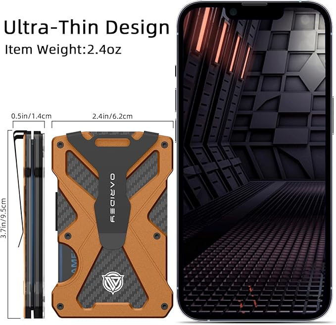 Minimalist Wallet for Men- Slim Aluminum Metal Money Clip Wallet with Clear ID Card Holder, Carbon Fiber Wallet, RFID Blocking,Holds up 15 Cards with Cash Clip,Ultra-Thin Tactical Wallet- Orange