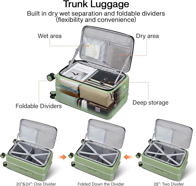 Hanke 28 Inch Luggage with Cup Holder and Charge,Top Opening Hard Shell Suitcases with Wheels and Dividers,Aluminum Frame Trunk Luggage Extra Large Suitcase with Lock for Travel，Bamboo Green
