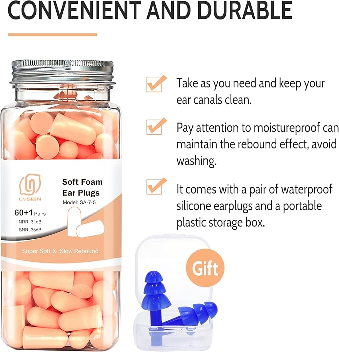 LYSIAN Flesh Color Foam Ear Plugs for Sleeping - 60 Pairs 38dB SNR Noise Reduction Earplugs with Reusable Silicone Earplug Ultra Soft Hearing Protection for Snoring, Work, Shooting and All Loud Events