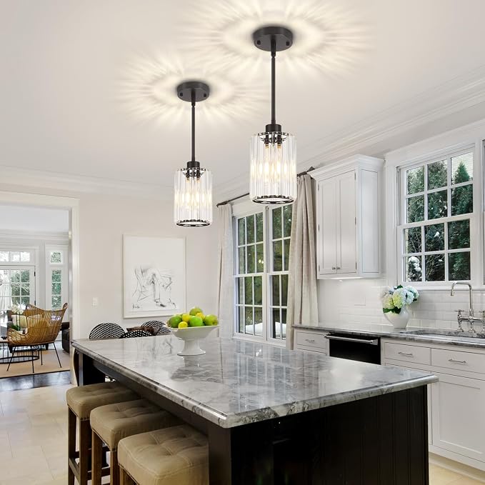 2 Pack Black Pendant Lights Kitchen Island Crystal Hanging Lighting Fixture | Adjustable Height Modern Pendant Light for Bathroom Dining Room Over Island Sink Entryway Hallway Ceiling Light