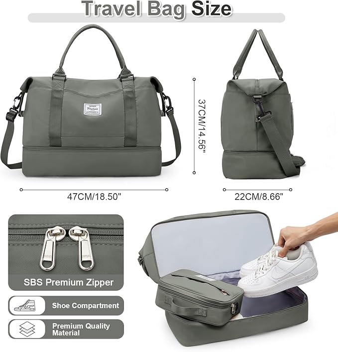 Weekender Bags for Women, Travel Duffel Bags with Shoe Compartment & Wet Pocket,Personal Item Travel Bag for Airlines,Carry on Overnight Tote Bag for women,3Pcs Set，Olive Green