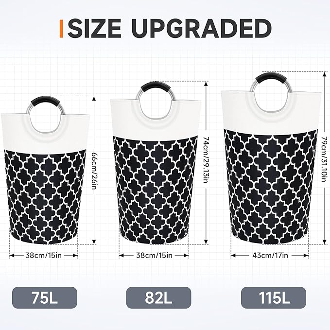 Large Laundry Basket Laundry Hamper Bag Washing Bin Clothes Bag Collapsible Tall with Handles Waterproof Travel Bathroom College Essentials Storage for College Dorm, Family (Black) 75L